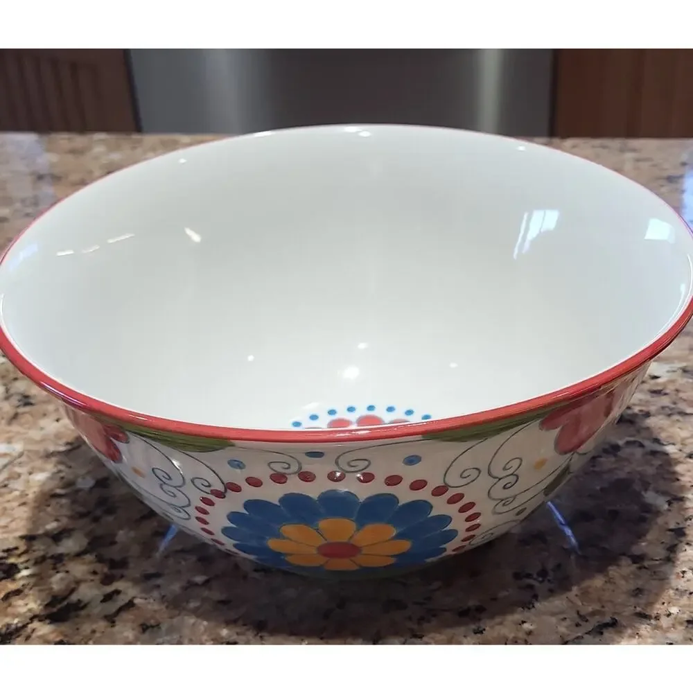 Pier 1 Floral Ceramic Bowls with Red and Blue Accents (Set Of 2)